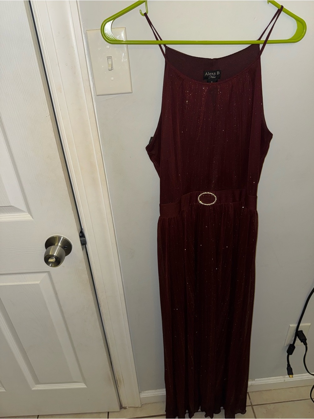 Alyce B. Sparkle Burgundy Maxi Dress with Decorative Belt